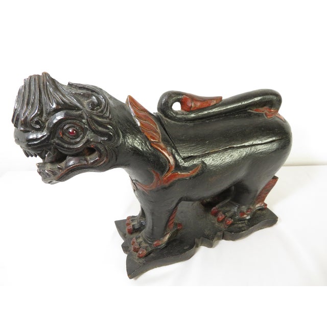 Circa 1900-1930 ~ Antique Wood Carved Singha ~ Lidded Offering Box Unique older hand carved wood Singha lion guardian...