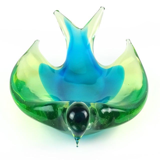 Murano Vintage Murano Glowing Uranium Sommerso Blue Yellow Green Italian Art Glass Bird Shaped Bowl For Sale - Image 4 of 11