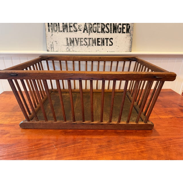 Large Antique Oak Slat Market Basket | Primitive General Store Produce Display Crate | Mission Style Farmhouse Storage For Sale - Image 12 of 17