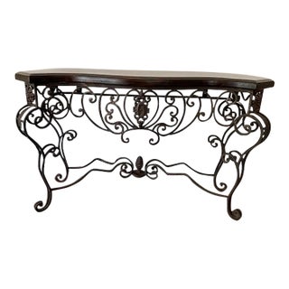 Mediterranean Wrought Iron & Walnut Herringbone Console Table, 57” For Sale