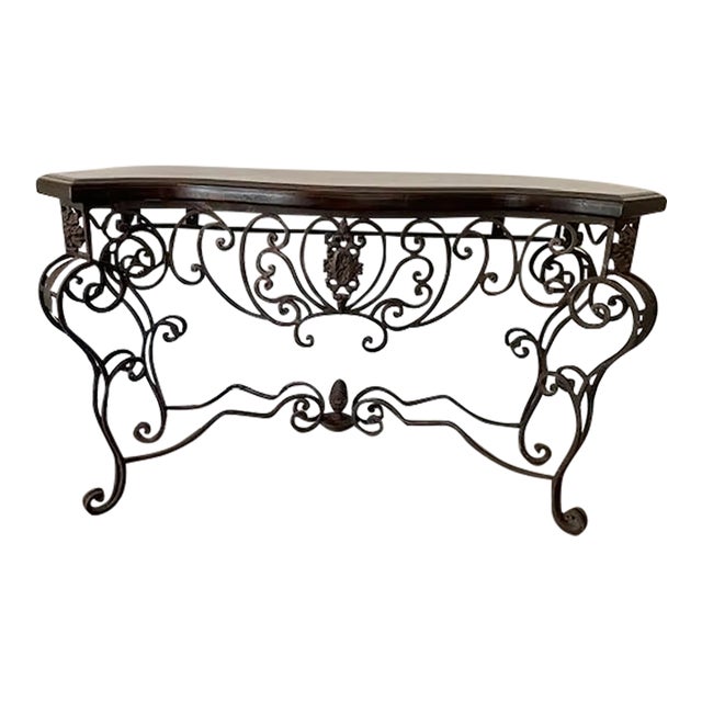 Mediterranean Wrought Iron & Walnut Herringbone Console Table, 57” For Sale