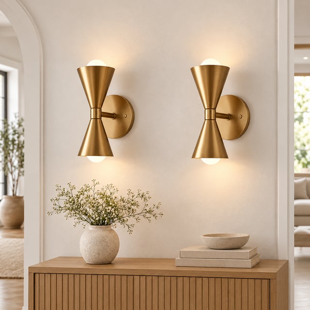 Handcrafted Brass Double-Cone Wall Sconces Sculptural Bedroom & Living Room Lighting - Set of 2 For Sale - Image 4 of 7