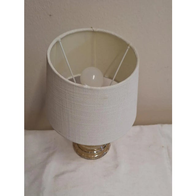 1980s Vintage Table Lamp with Slightly Lustrous, Internally Lit Glass Shade and Cream-White Fabric Shade, 1980s For Sale - Image 5 of 6