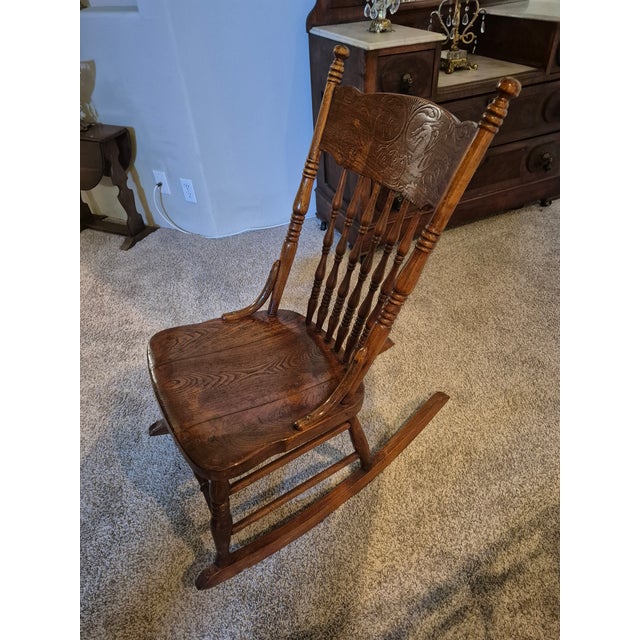 Brown Antique Pressed Back Oak Rocking Chair For Sale - Image 8 of 10