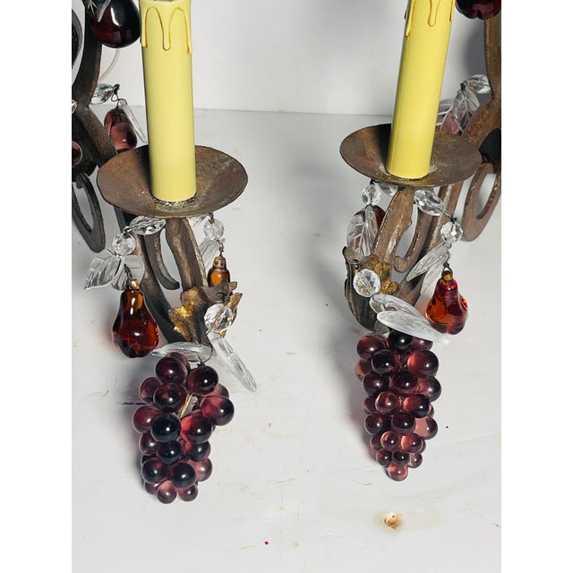 Antique Iron Wrought Sconces With Glass Fruits and Grape Clusyers - Pair For Sale - Image 10 of 11
