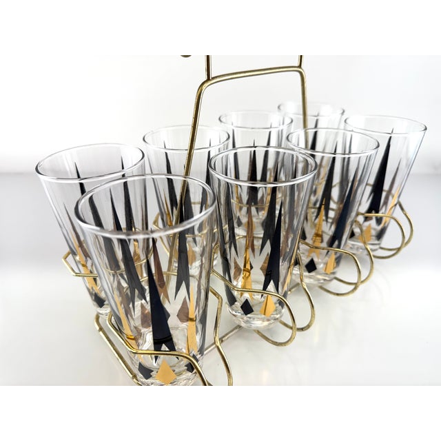 1960s Mid-Century Modern Atomic Black & Gold Highball Glasses With Brass Carrier - Set of 8 For Sale - Image 9 of 12