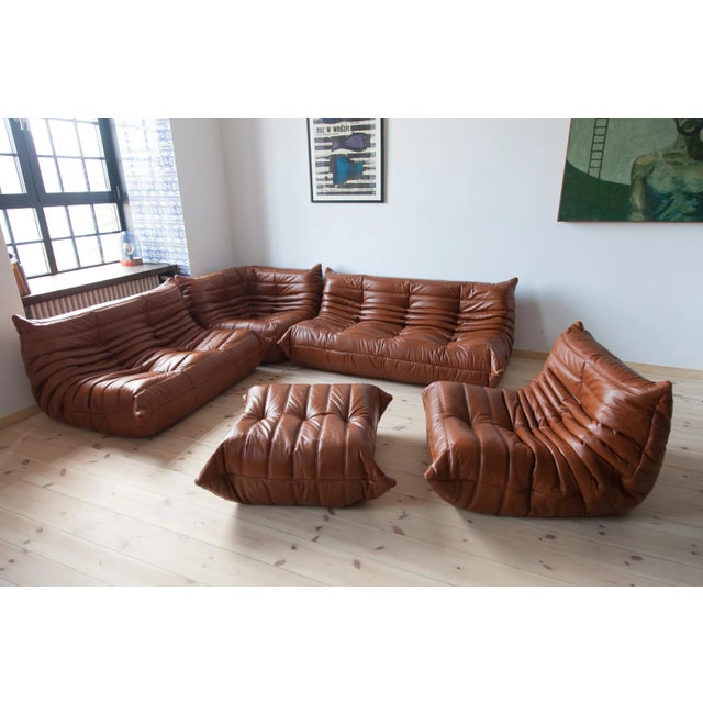 Cognac Brown Leather Togo Living Room by Michel Ducaroy for Ligne Roset, Set of 5 For Sale - Image 13 of 13