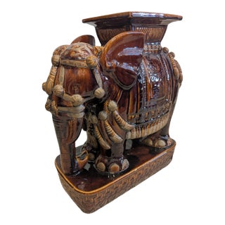 Vintage Brown Ceramic Elephant Plant Stand, Hollywood Regency, Chinoiserie For Sale
