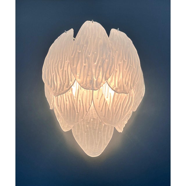 Fantastic pair of vintage Murano wall sconce made by 10 handblown transparent frosted carved glass leaves for each...