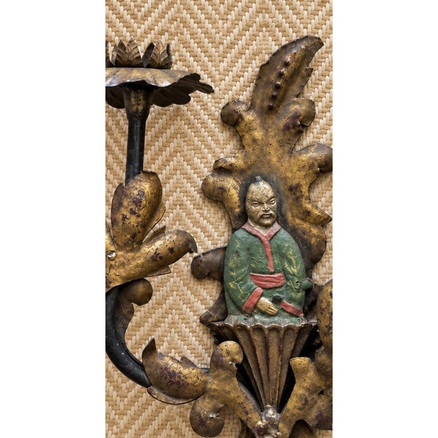 Pair of Vintage Chinoiserie Figural Gilt Metal Candle Wall Sconces For Sale - Image 10 of 12