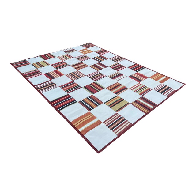 Handwoven Cotton Area Rug, Vegetable Dyed Cream and Red Tile Patterned Dhurrie - 10'x14' For Sale