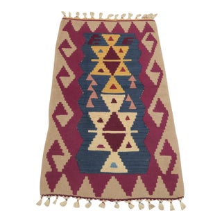 1970s Turkish Burgundy Geometric Natural Wool Hand Knotted Kilim Rug For Sale