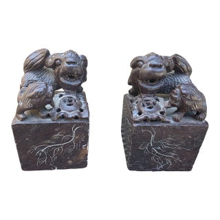Vintage Chinese Soapstone Foo Dog Seal Pair With Carved Calligraphy Bases For Sale