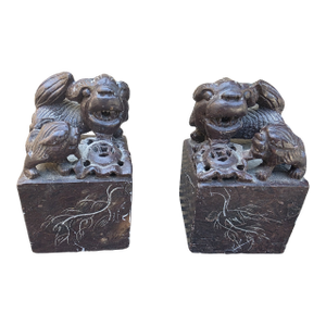 Vintage Chinese Soapstone Foo Dog Seal Pair With Carved Calligraphy Bases