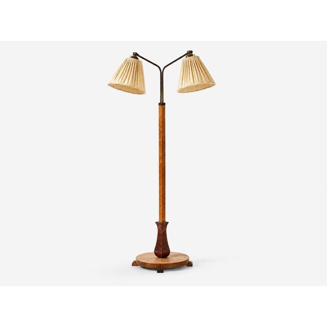 Art Deco Swedish Art Deco, Double Floor Lamp, Burl Wood, Metal, Fabric, Sweden, 1940s For Sale - Image 3 of 17