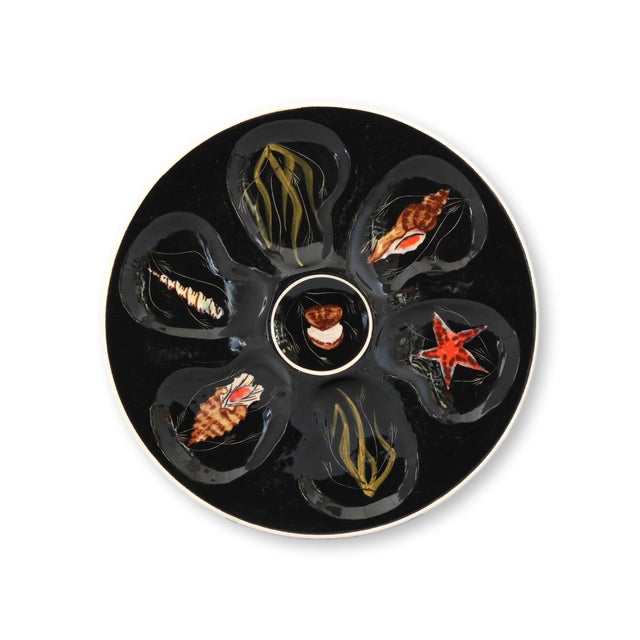 Ceramic Mid 20th Century Quimper Guy Trévoux Black-Ground Oyster Service — Master W/ 6 Plates For Sale - Image 7 of 10