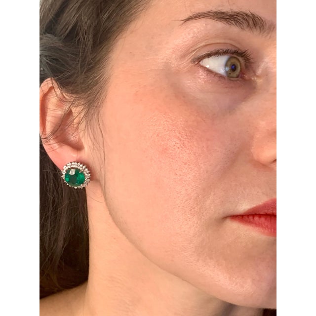 11 Carat Round Emerald and Diamond Stud Earrings 14 Karat White Gold For Sale In New York - Image 6 of 18