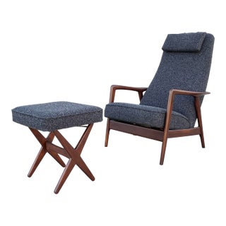 Mid Century Walnut Recliner Lounge Chair & Ottoman Attributed to Alf Svensson for Dux For Sale