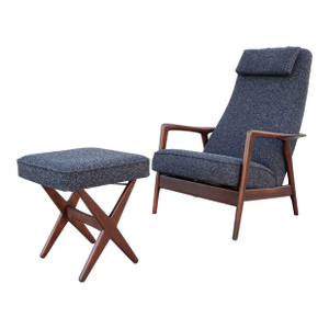 Mid Century Walnut Recliner Lounge Chair & Ottoman by Alf Svensson for Dux