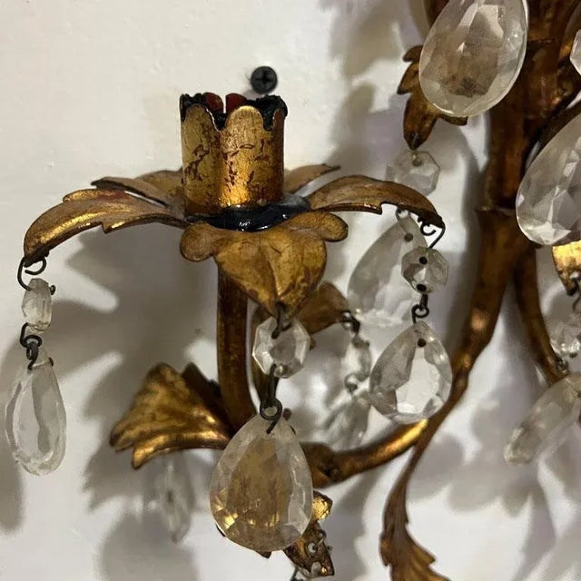 1970s 1970s Crystal and Tole Metal Gold 2 Arm Candlestick Wall Sconce - Italy For Sale - Image 5 of 7