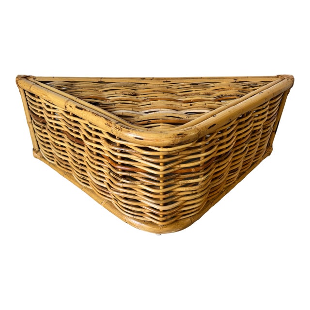Vintage Coastal Rattan Triangular Coffee Table With Glass Top/ Sold For Sale