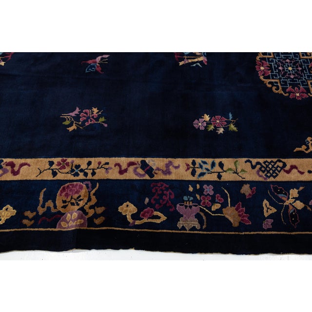 2020s Antique Art Deco Chinese Wool Rug With Indigo Field and Lotus Medallions 9x11 For Sale - Image 5 of 12