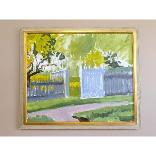 GARDEN GATE IN SPRING Size: 22.8 x 26.8 inches (including frame) Oil on canvas A vibrant and uplifting mid-century...