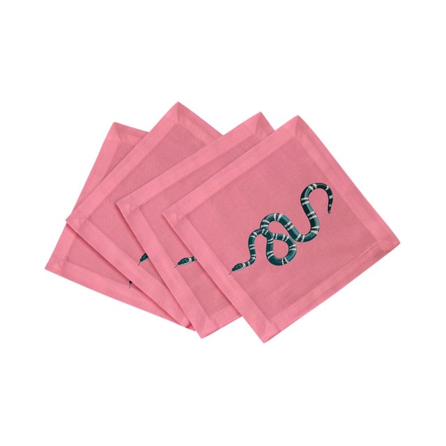Serpent Cotton Sateen Cocktail Napkins in Pink, Set of 4 For Sale In Miami - Image 6 of 6