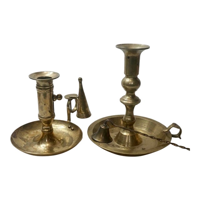 Antique 19th Century Brass Chamberstick Set | Features Rare Ejector Model & Threaded Baluster With Vintage "Japan" Snuffer For Sale