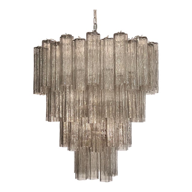 Italian Murano Glass Chandelier, 4-Tier Smoked Glass Tubes, Polished Nickel For Sale