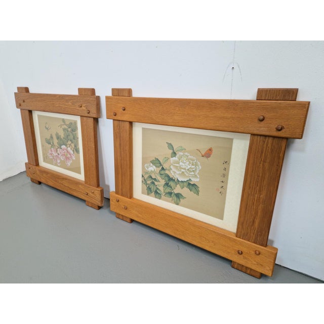 Chinese Hand-Painted Silk Artworks in Oak Frames, 1950s, Set of 2 For Sale - Image 6 of 9