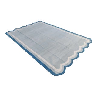Handmade Cotton Scalloped Rug, Grey With Cream and Blue Border - 10'x14' For Sale