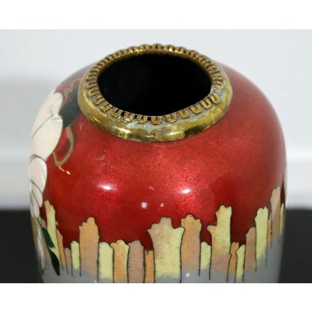 Vintage Signed Red and Gray Enameled Cloisonne Vase with Koi Fish For Sale - Image 4 of 9