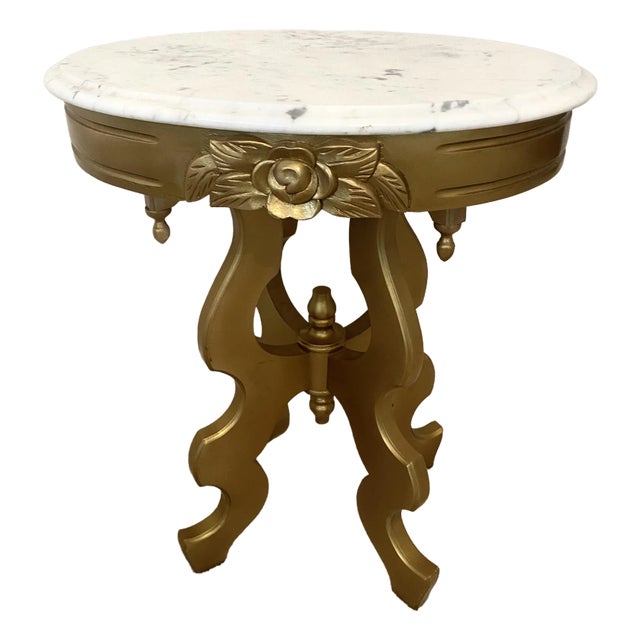 Victorian Style Oval Marble Top Gold Color Accent Table Vintage Excellent Condition For Sale