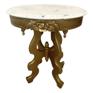 Vintage Victorian Style Oval Marble Top Gold Color Accent Table Excellent Condition For Sale