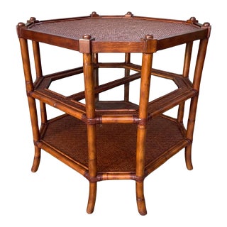 American 3-Tier Octagonal Faux Bamboo Side Table Woven Rattan Top For Sale