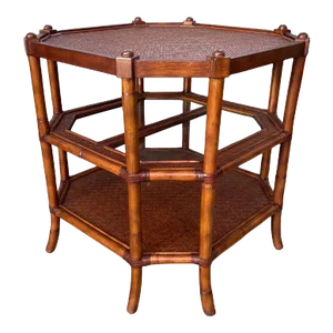 American 3-Tier Octagonal Faux Bamboo Side Table Woven Rattan Top