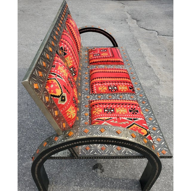 2020s Handmade Moroccan Cedar Wood and Metal Inlay Bench For Sale - Image 5 of 7