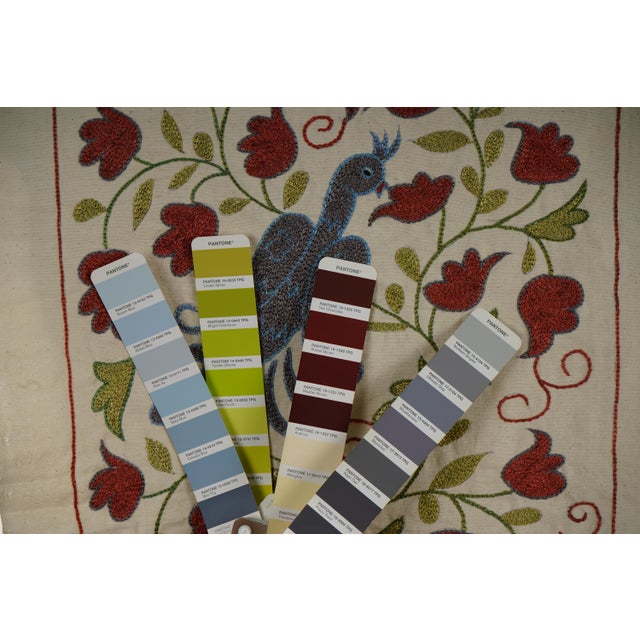 Ecru Blue & Red Swan Embroidery | Vintage Bird Motif Table Decor 1'7'' X 2'9'' For Sale - Image 8 of 9