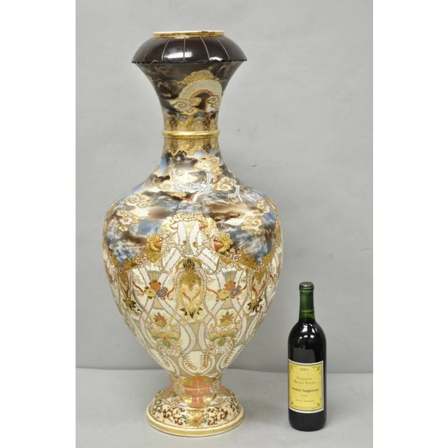 Vintage 30" Japanese Royal Satsuma Decorated Hand Painted Porcelain Oriental Dragon Vase with Unique Tapered Collar. Circa...