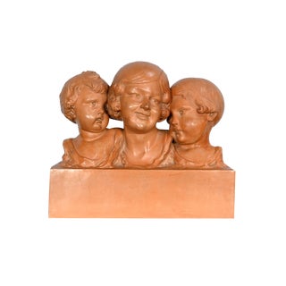 P. Dumont, Art Deco Mother and Her Children, 1920s, Patinated Terracotta Group For Sale