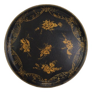 Vintage Hand Painted Tole Tray Black Lacquer With Gold Gilt Floral Bouquets and Ornate Scrollwork For Sale