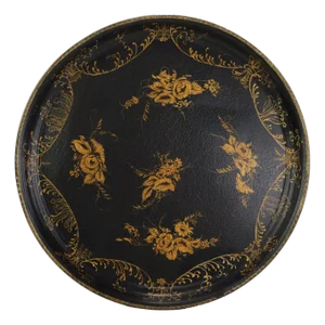 Vintage Hand Painted Tole Tray Black Lacquer With Gold Gilt Floral Bouquets and Ornate Scrollwork
