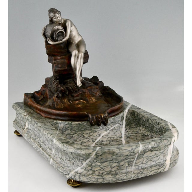 Art Nouveau Bronze Sculptural Tray Indoor Fountain With Seated Nude Holding A Vase signed by Suzanne Bizard. Patinated...