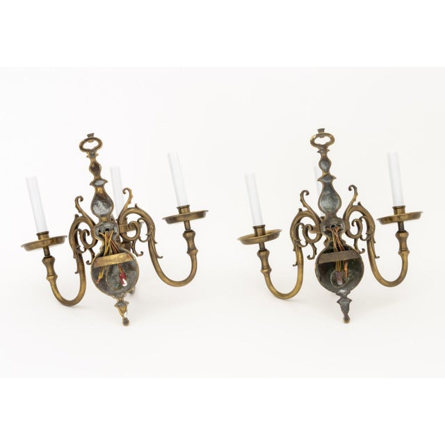 Pair of Dutch Style Bronze Three-Branch Wall Sconces For Sale - Image 10 of 10