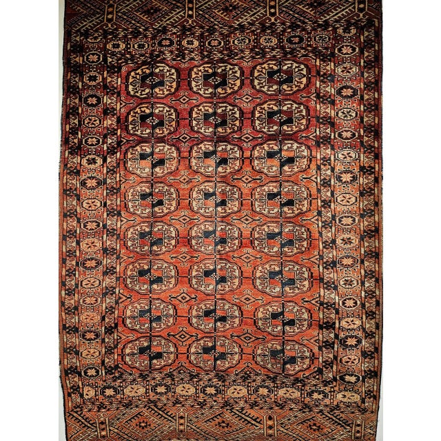 Brown Vintage Turkmen Tekke in Allover Pattern in Brick-Red, Navy, Ivory, Blue For Sale - Image 8 of 16