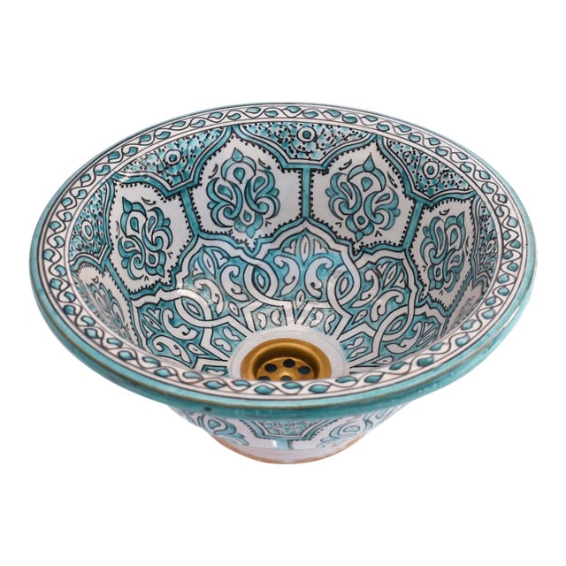 Moroccan Ceramic Handpainted Round Sink For Sale