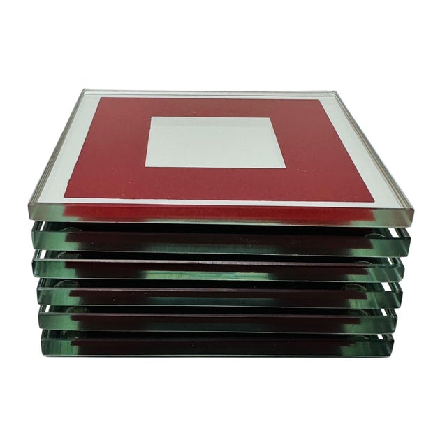 Maroon Vintage 1980s Mirrored Glass Coasters - Maroon Border & Polished Edges - Flat Square Barware With Rubber Feet - Set of 6 For Sale - Image 8 of 11