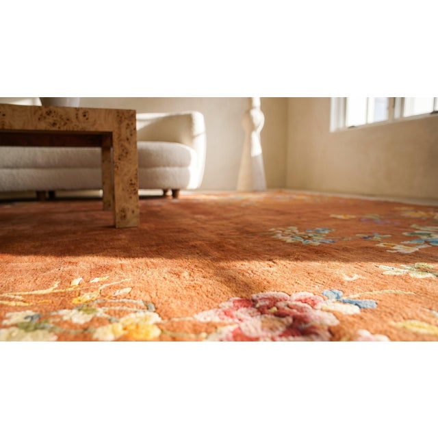 Orange 1920s Orange Floral Antique Chinese Art Deco Rug 9' X 11'6" Handknotted Wool Carpet For Sale - Image 8 of 9