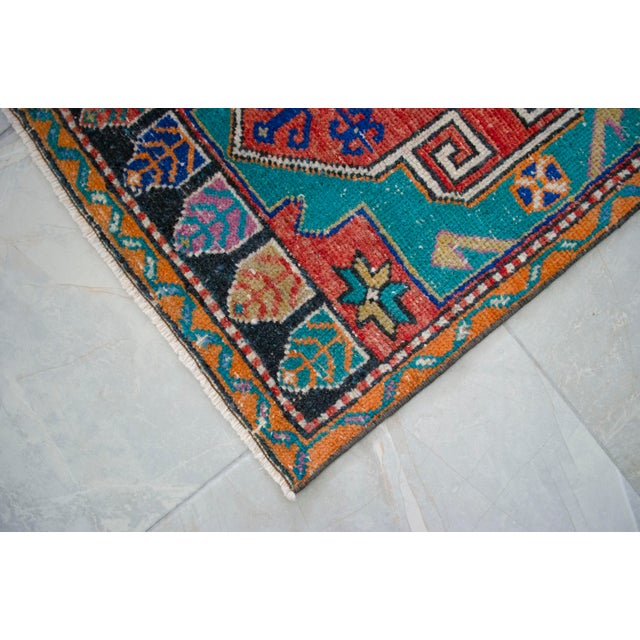 Turquoise 1970s Vintage Hand Knotted Turkish Small Rug Kitchen Mat Entry Decor 2x4 Ft Approx For Sale - Image 8 of 11